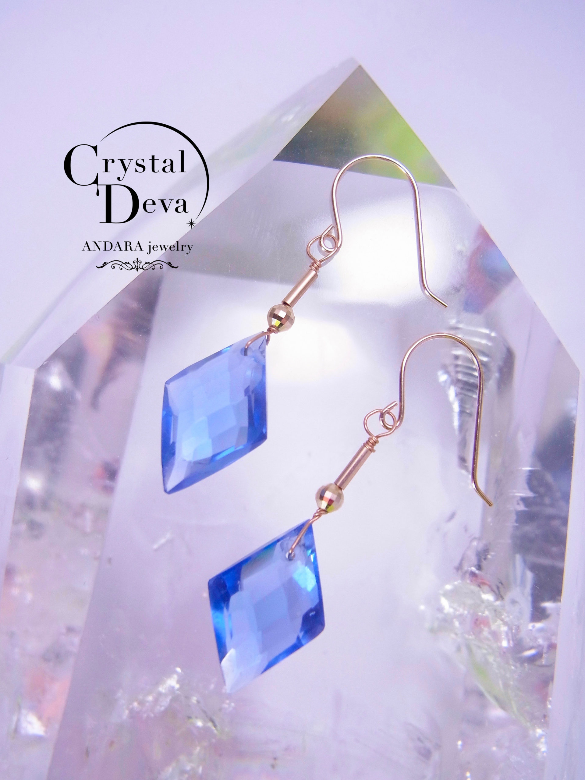 アンダラクリスタル宝石﻿ 10Kピアス (ブルー/キラキラカットダイヤ型 